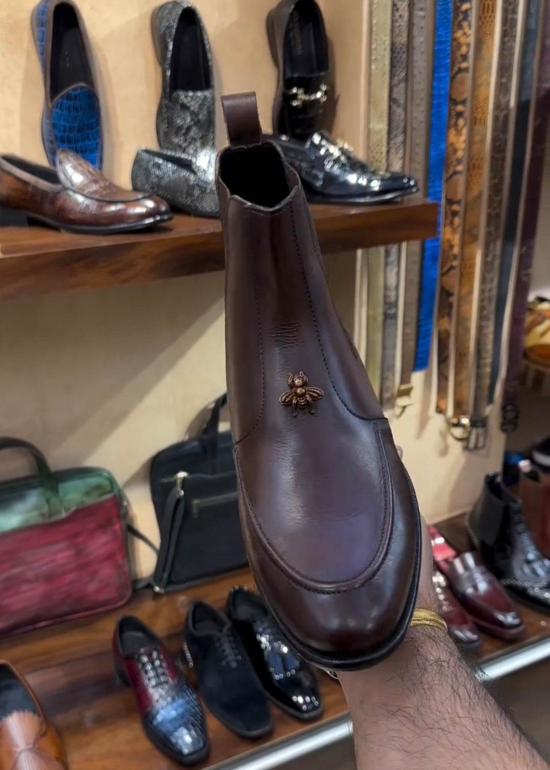 Walnut Brown Calf Skin Leather Chelsea Boots with Bee