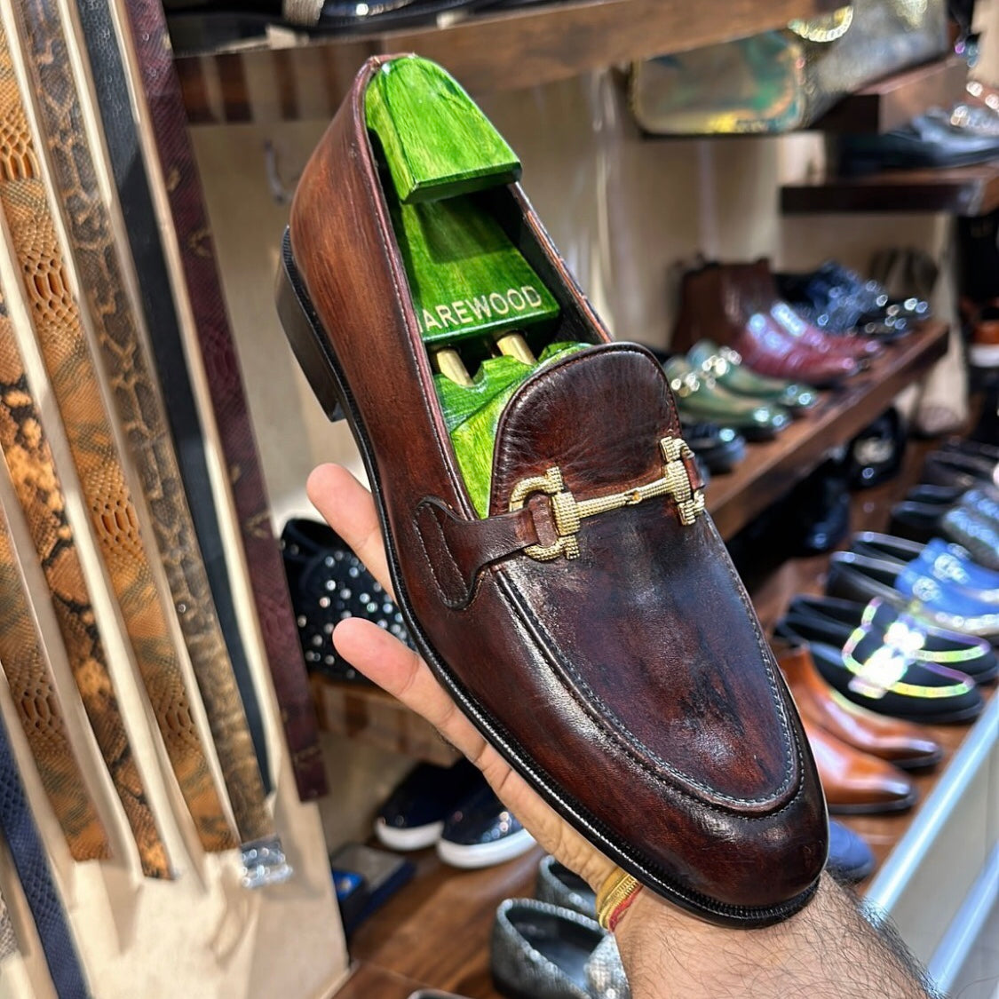 Dark Brown Patina Moccasins with Gold Buckle