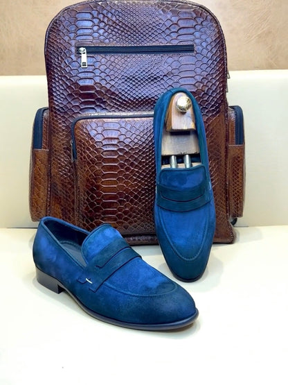 Pure Italian Blue Suede Penny Moccasins