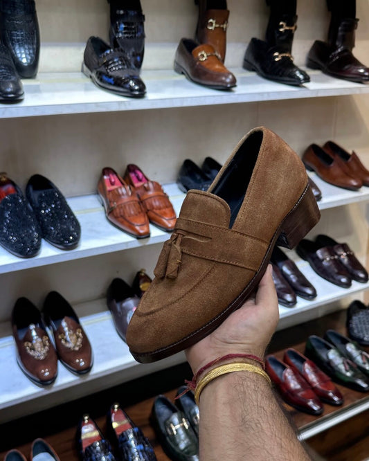 Desert Brown Suede Tassel Loafers with Brown Wood Sole