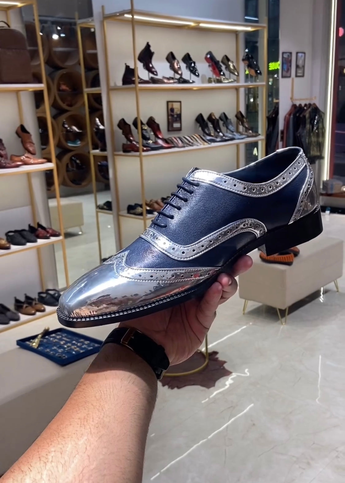 Metallic Silver & Blue Moroccan Leather Semi-brogue Oxfords