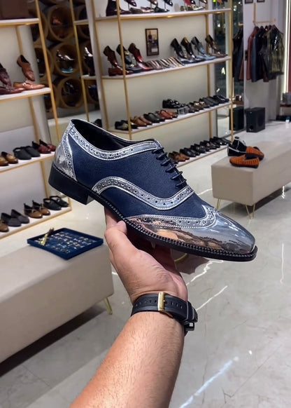 Metallic Silver & Blue Moroccan Leather Semi-brogue Oxfords