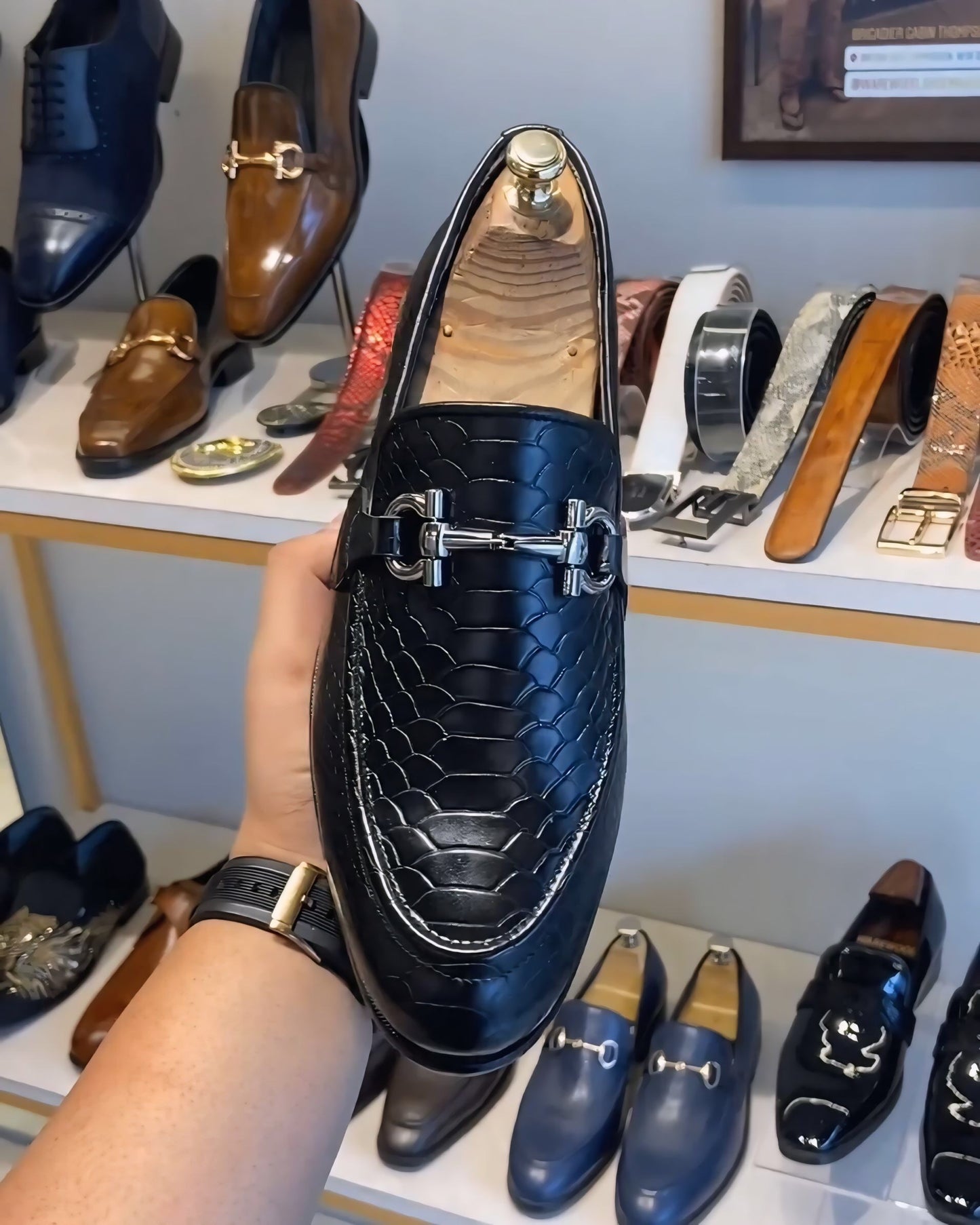 Charcoal Black Cobra Scaled Loafers