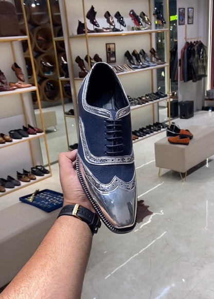 Metallic Silver & Blue Moroccan Leather Semi-brogue Oxfords