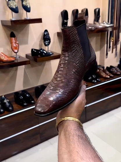 Brown Cobra Scaled Chelsea Boots