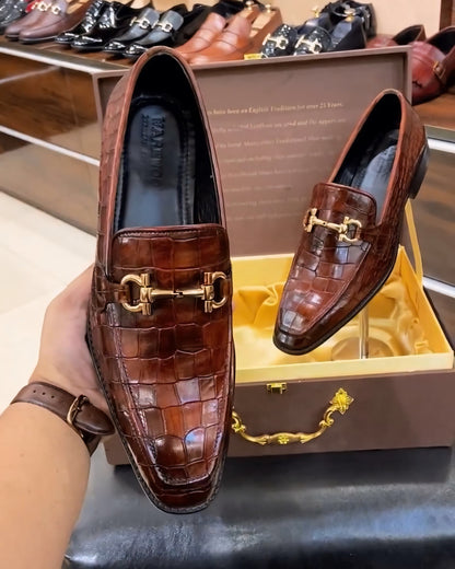 Dark Tan Crocodile Scaled Leather Loafers