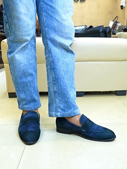 Pure Italian Blue Suede Penny Moccasins