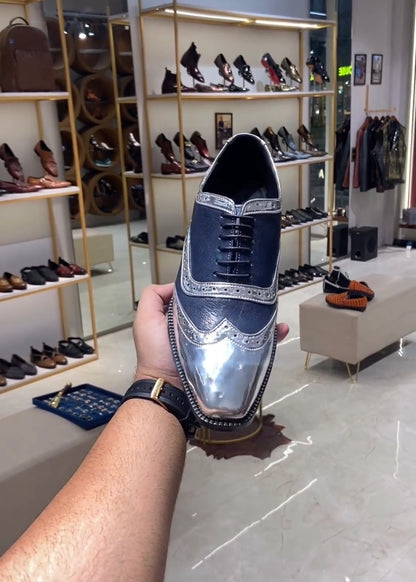 Metallic Silver & Blue Moroccan Leather Semi-brogue Oxfords