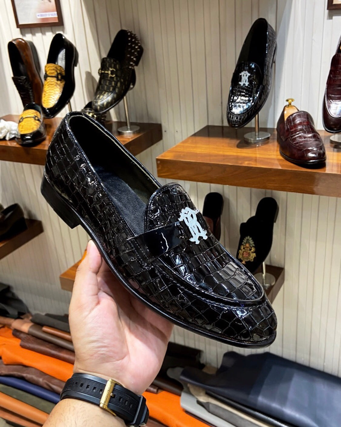 New Patent Crocodile Scaled Leather Moccasins