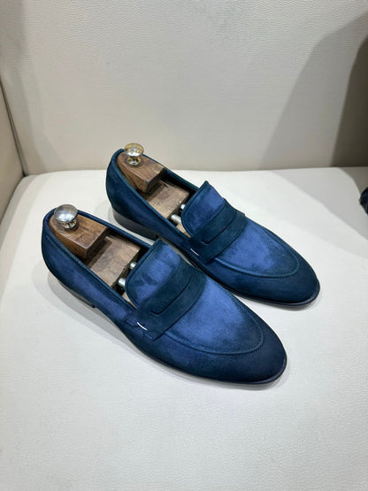 Pure Italian Blue Suede Penny Moccasins