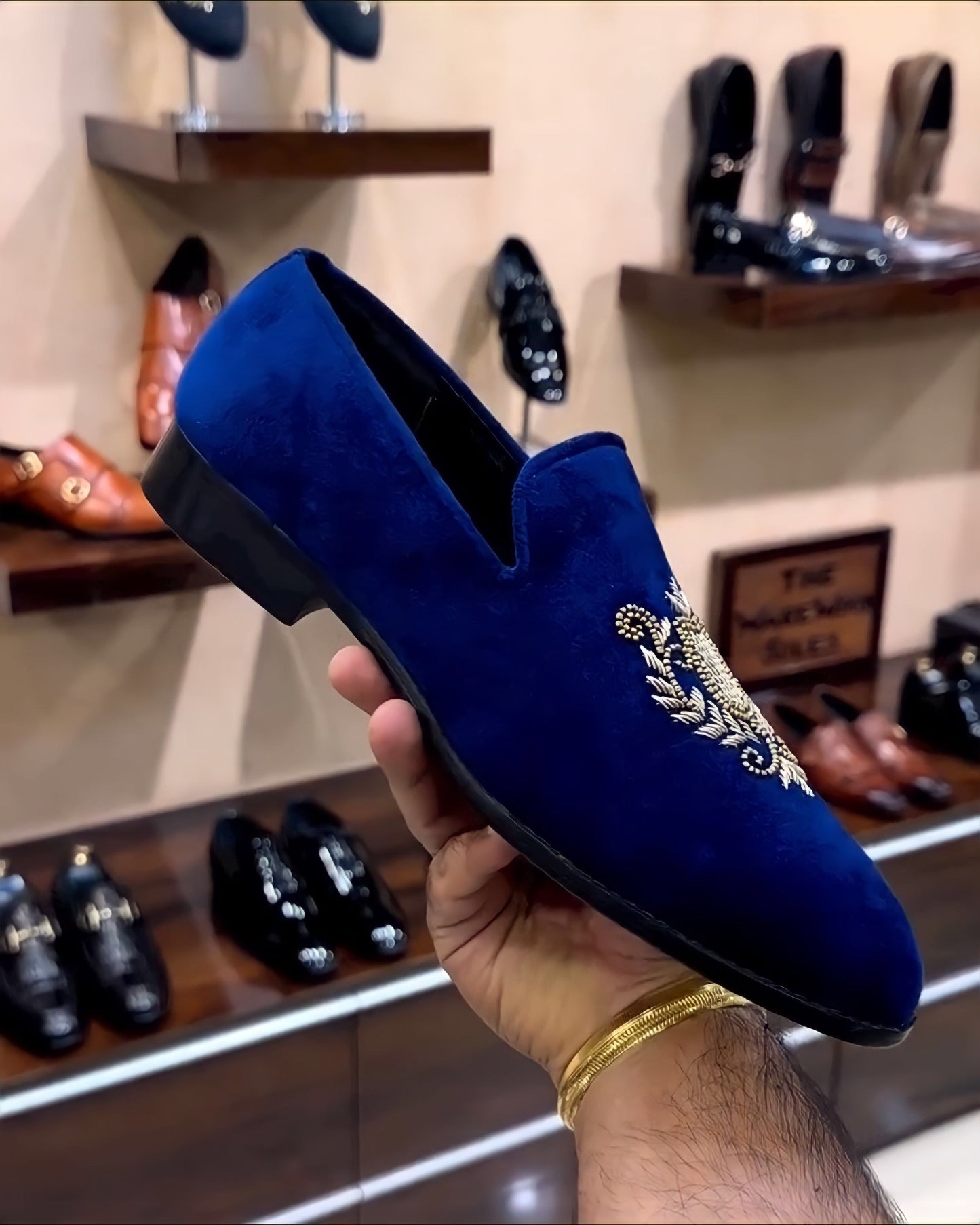 Blue Suede Embroidered Slip-ons