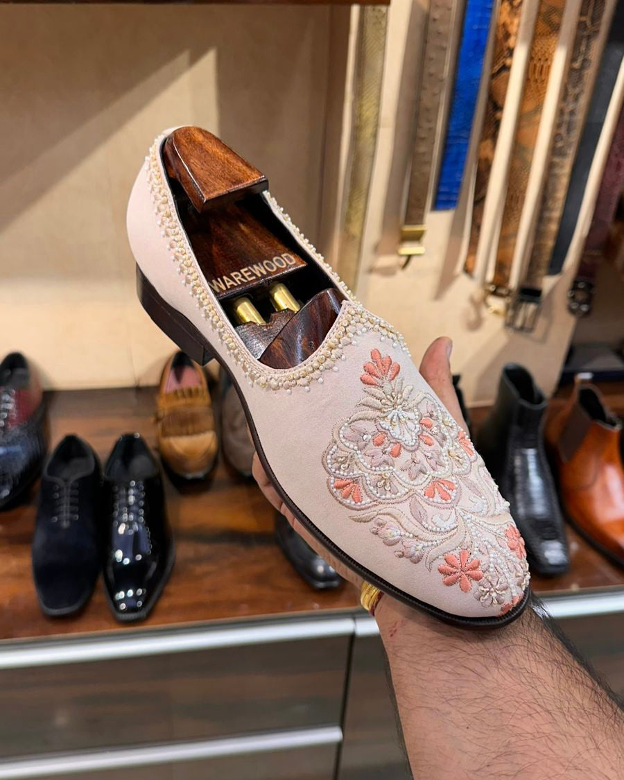 Baby Pink Hand-embroidered Mojaris with Wood Sole