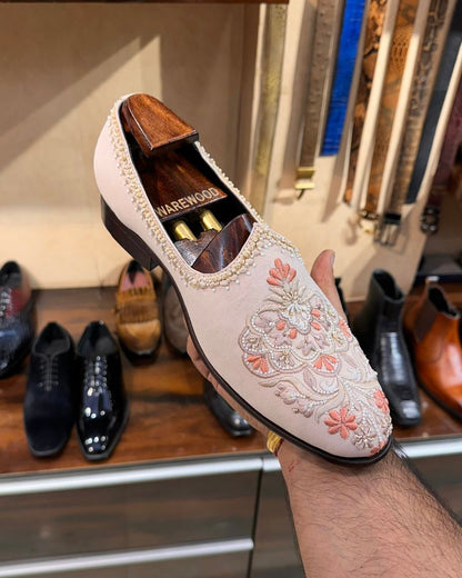 Baby Pink Hand-embroidered Mojaris with Wood Sole