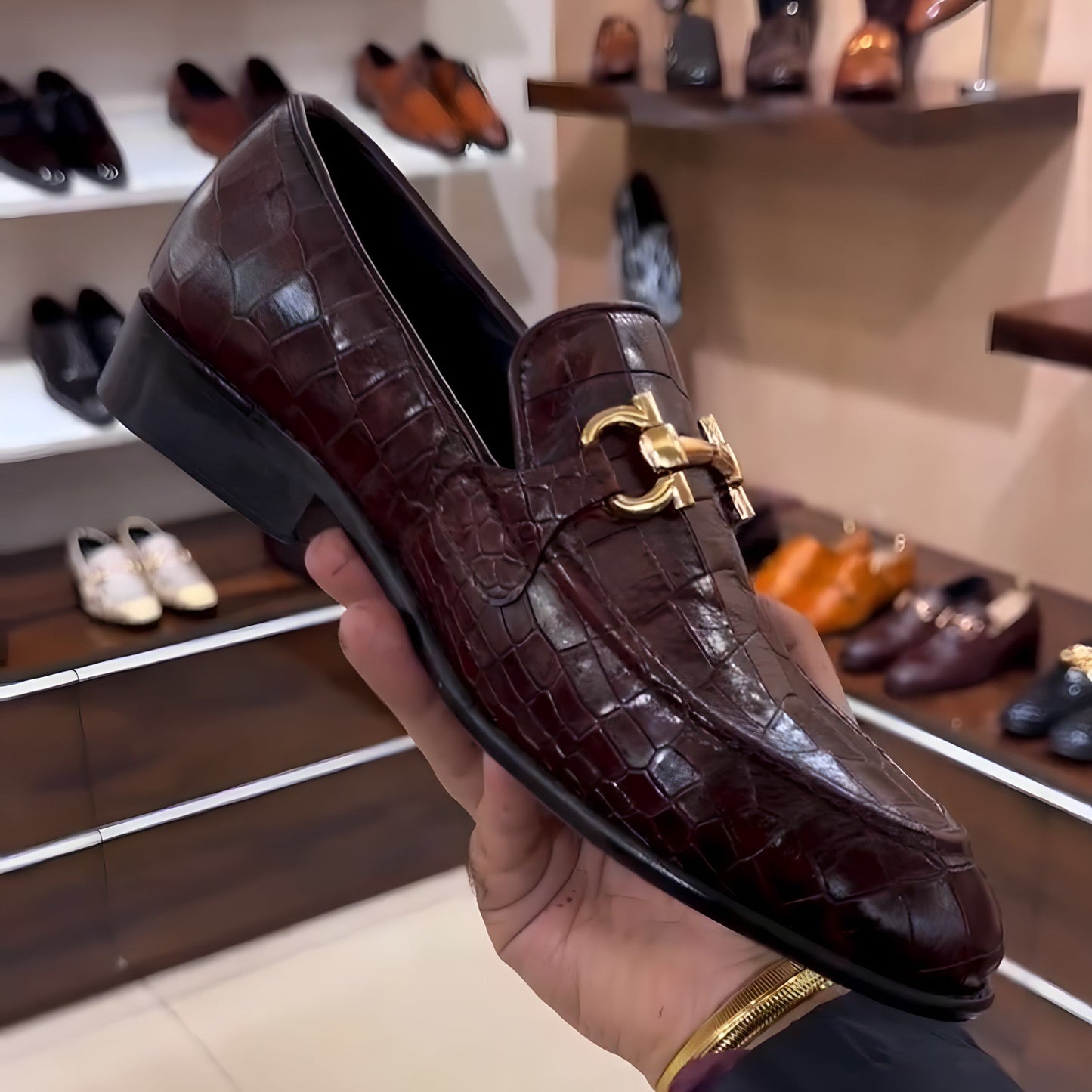 Wine-brown Burnished Crocodile Scaled Loafers