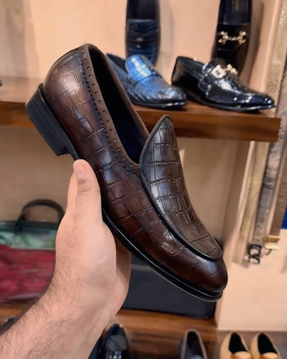 Tobacco Brown Croco Belgian Loafers