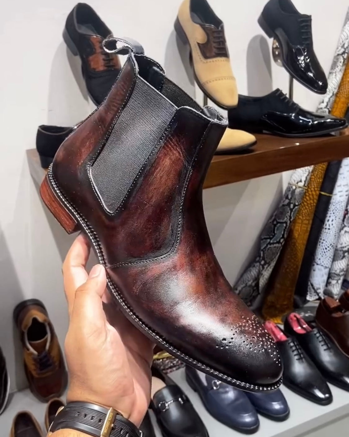 Fire Burnished Italian Leather Patina Chelsea Boots