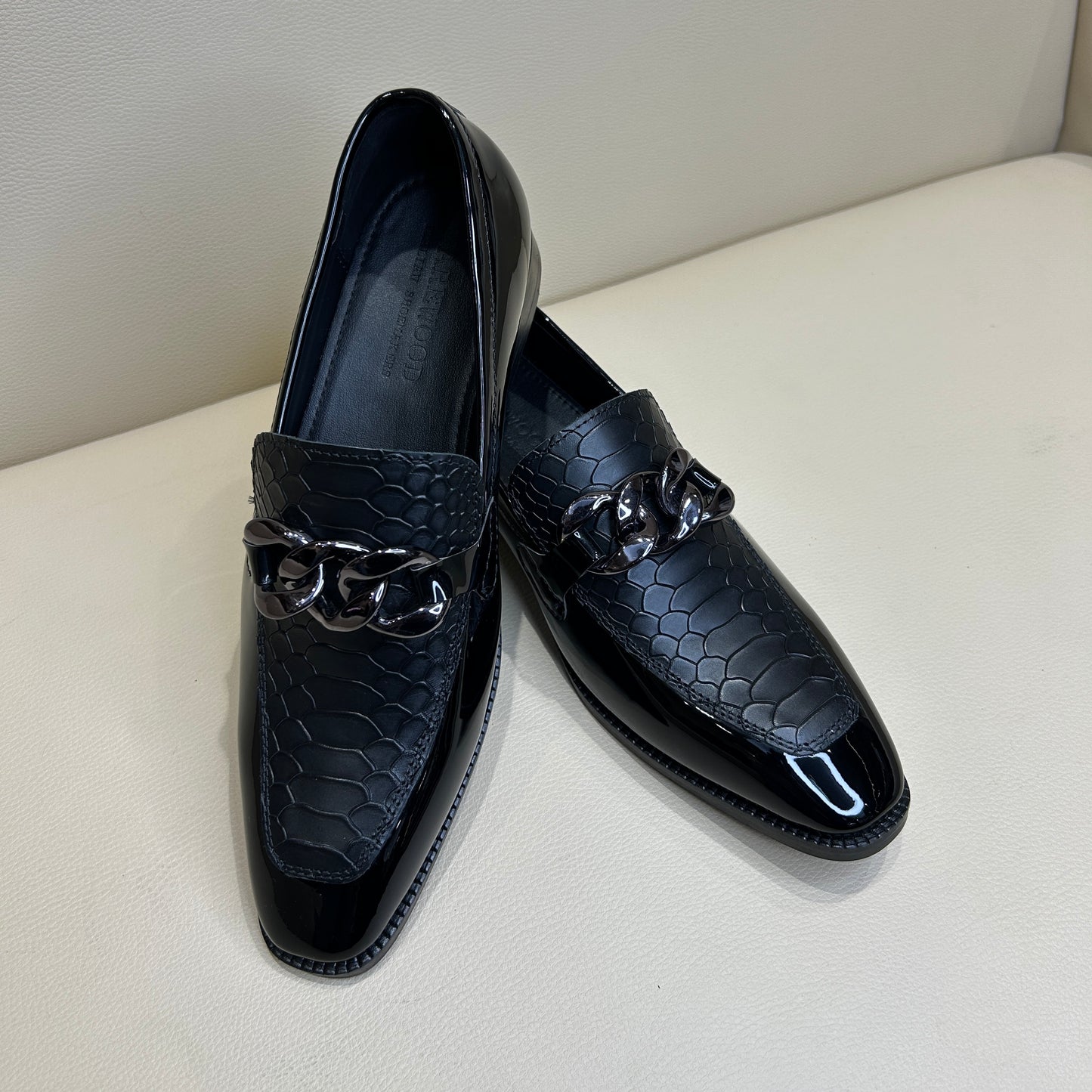 Cobra-patent Leather Spectator Moccasins