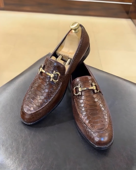 Walnut Brown Cobra Scaled Leather Moccasins