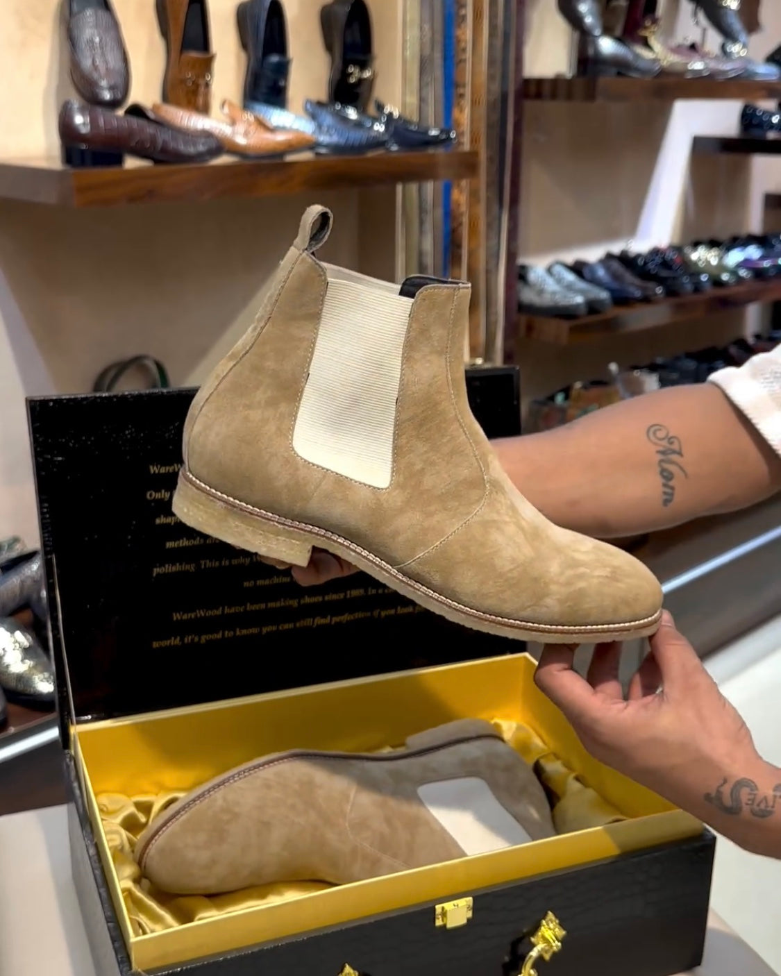 Natural Brushed Italian Beige Suede Chelsea Boots with Wood Sole