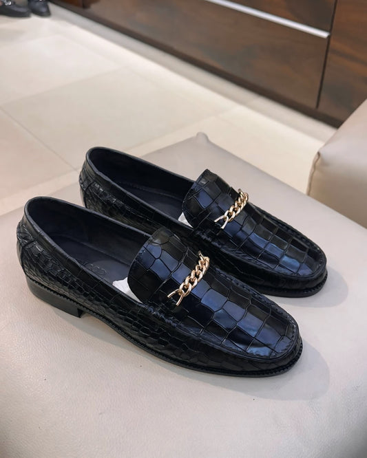 Smooth Black Croc Moccasins with Gold Chain Buckle