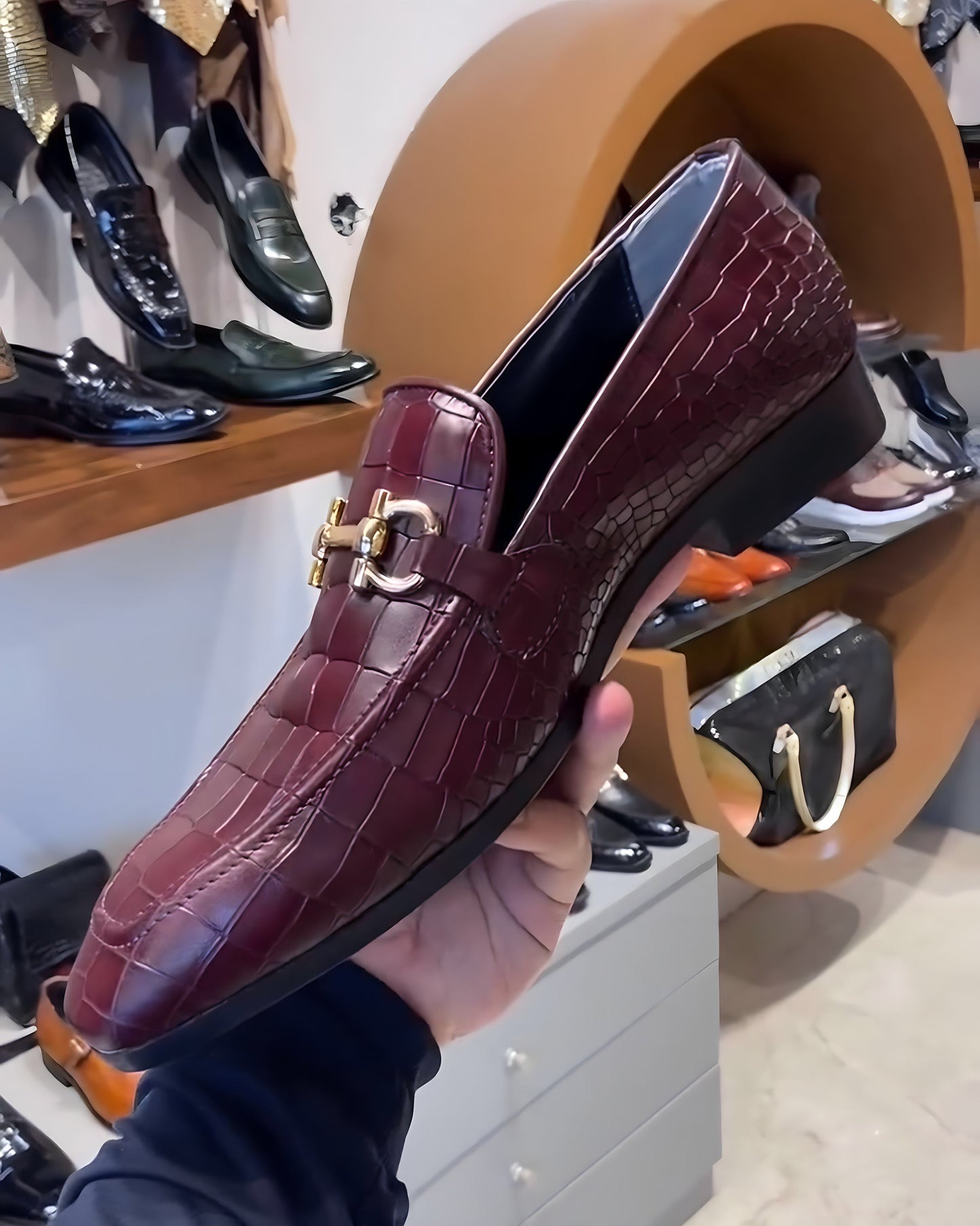 Wine Shade Crocodile Scaled Loafers