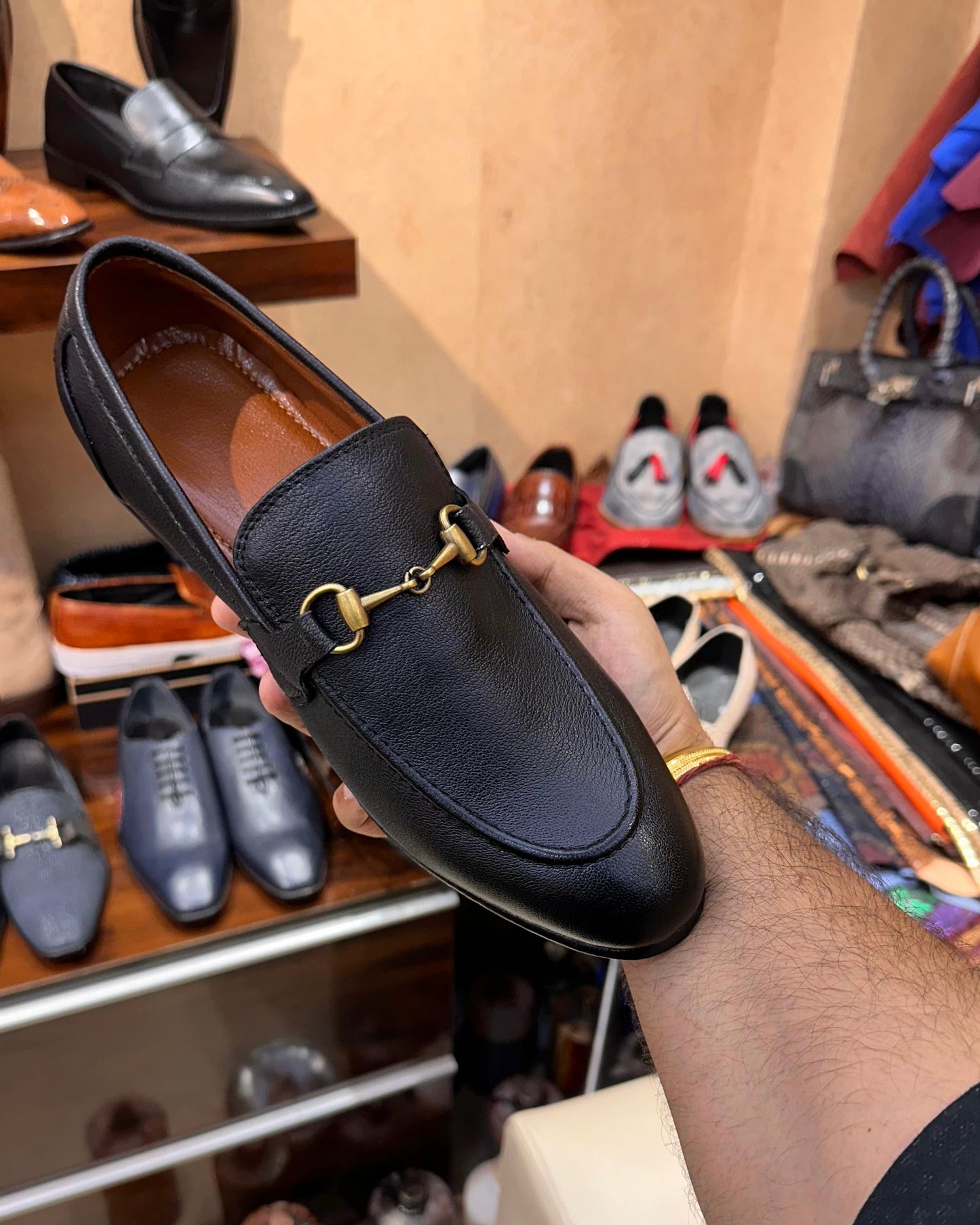 Black Calf Skin Leather Loafers with Beige Interior and Gold Buckle