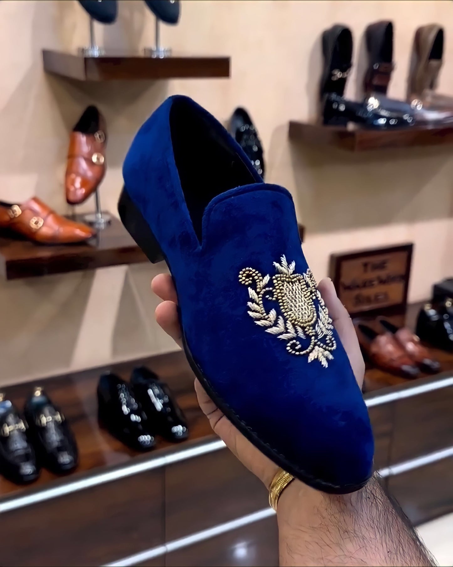 Blue Suede Embroidered Slip-ons