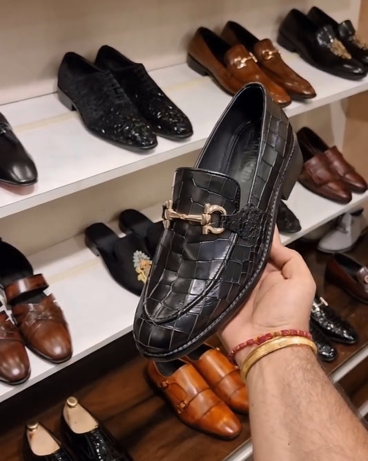 Black Crocodile Scaled Leather Moccasins