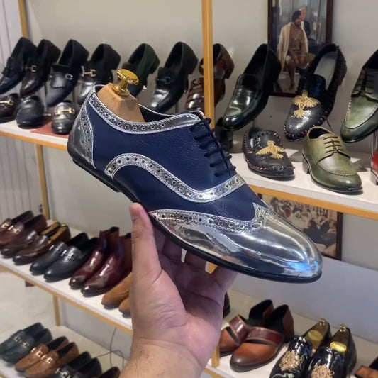 Patent Silver & Blue Moroccan Leather Semi-brogue Running Oxfords