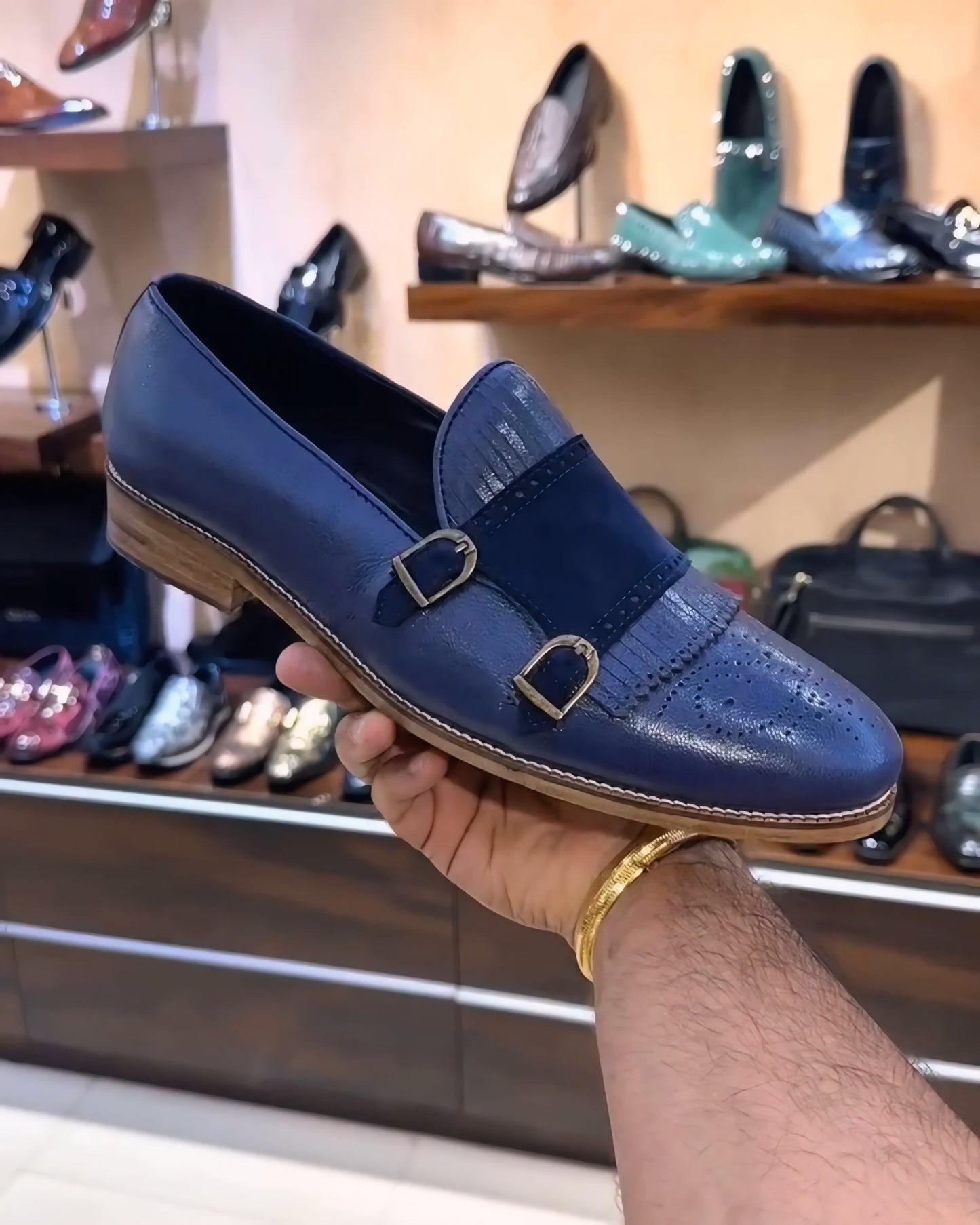 Blue Calf Leather Fringe Monk Strap Loafers with Wood Sole