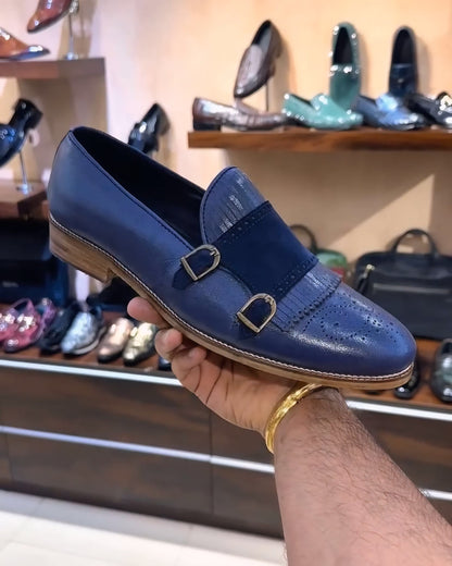 Blue Calf Leather Fringe Monk Strap Loafers with Wood Sole