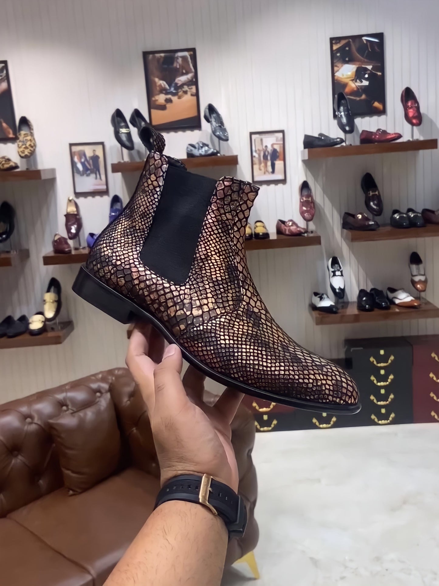 Exotic Snake Foil Leather Scaled Chelsea Boots