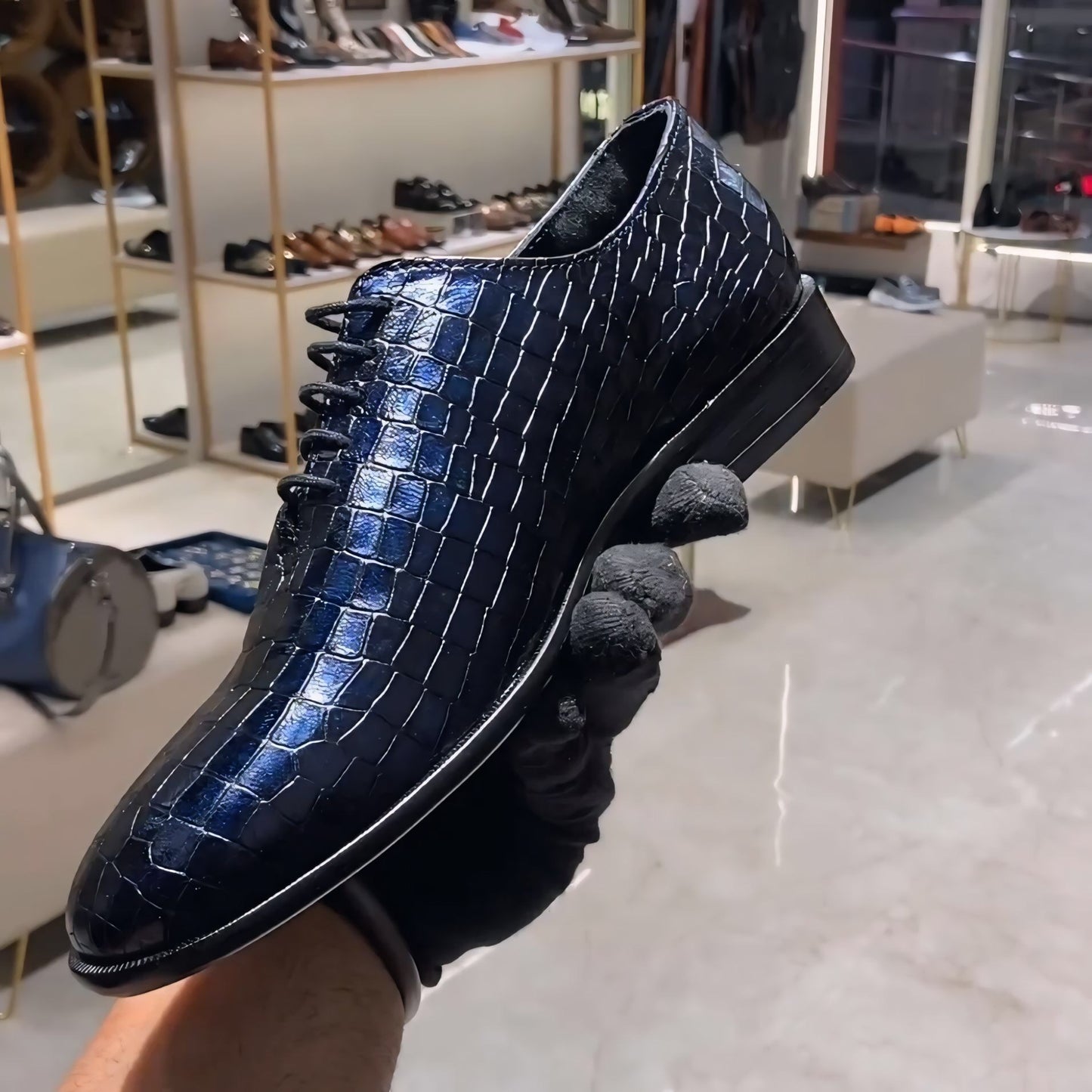 Soft Construction Midnight Blue Crocodile Scaled Leather Oxfords