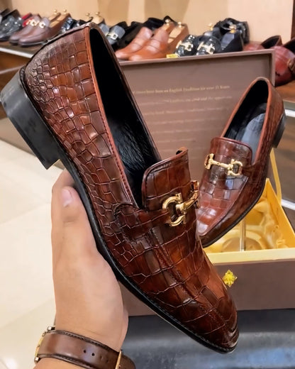 Dark Tan Crocodile Scaled Leather Loafers