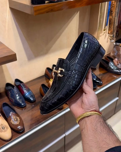 Italian Calf Croco Moccasins with Gold Buckle