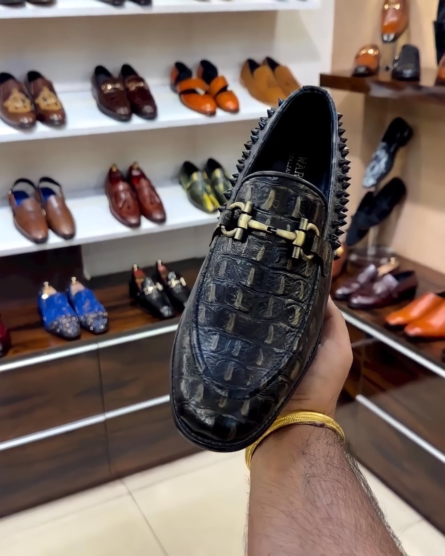 Alligator Leather Scaled Studded Moccasins