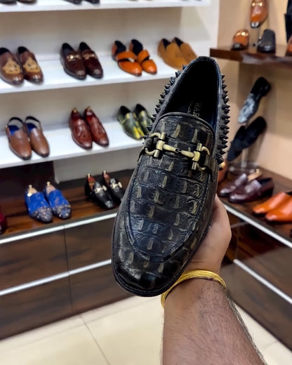 Alligator Leather Scaled Studded Moccasins