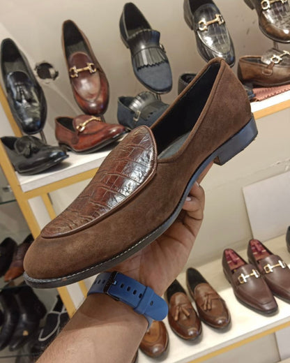 Mud Brown Suede and Croco Leather Belgian Loafers