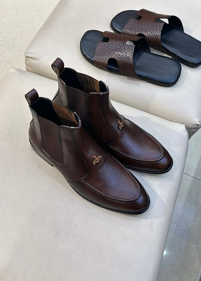 Walnut Brown Calf Skin Leather Chelsea Boots with Bee