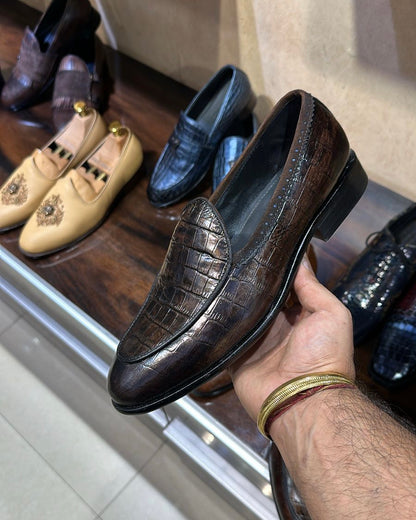 Tobacco Brown Croco Belgian Loafers