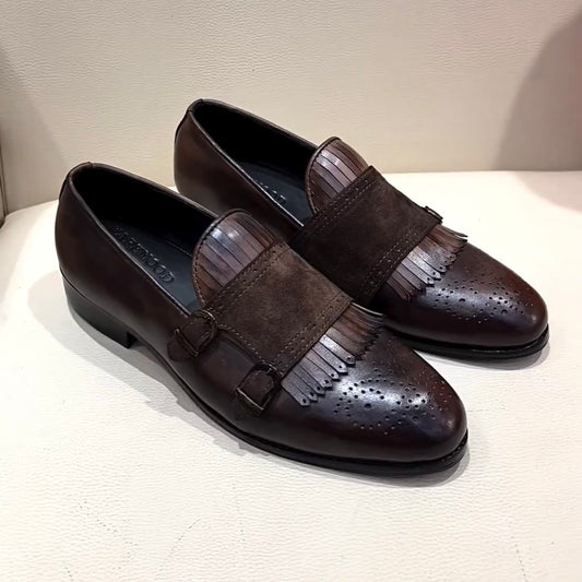 Italian Crust Leather Patina Fringe Moccasins with Suede Monk Strap