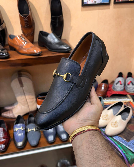 Black Calf Skin Leather Loafers with Beige Interior and Gold Buckle