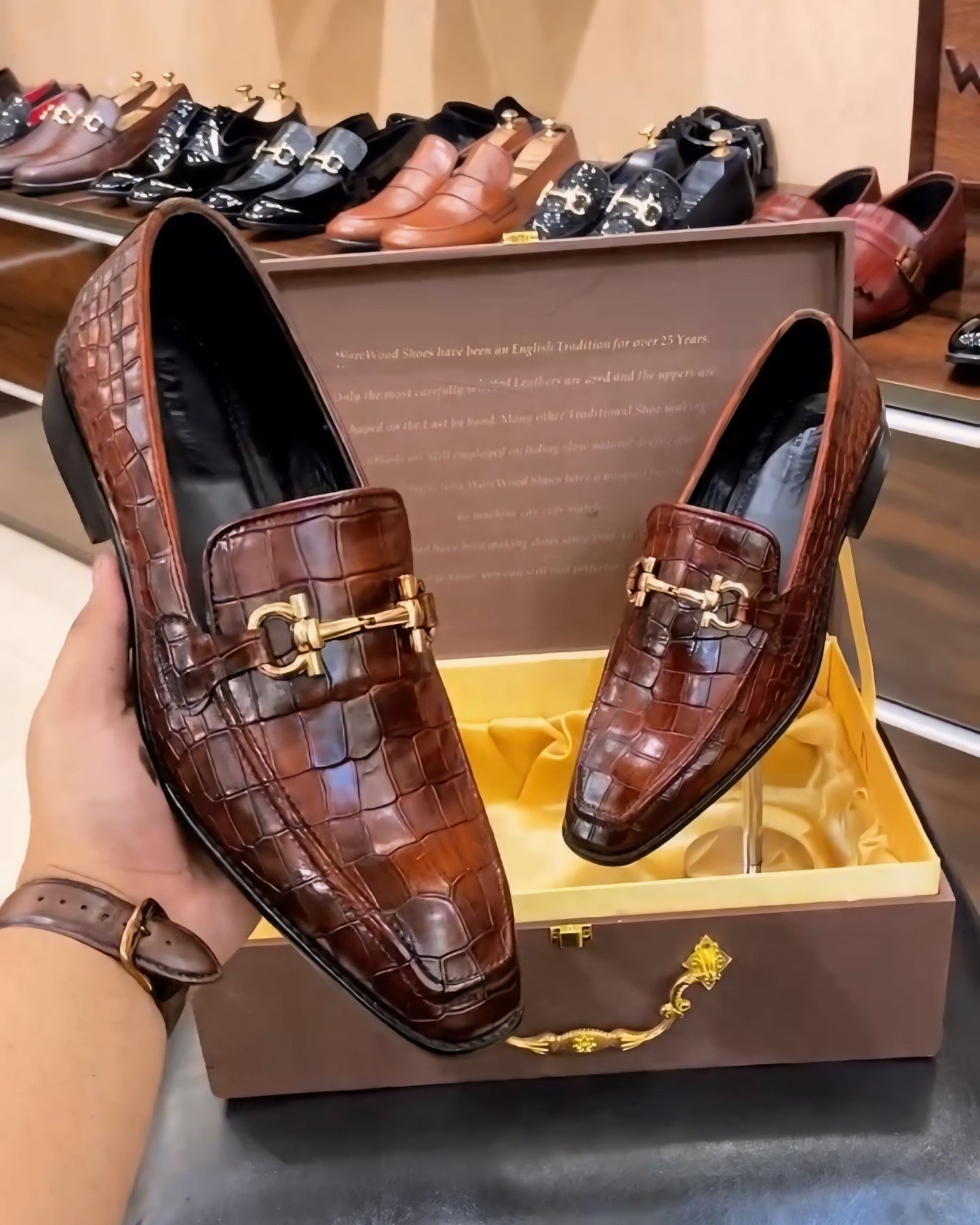 Dark Tan Crocodile Scaled Leather Loafers