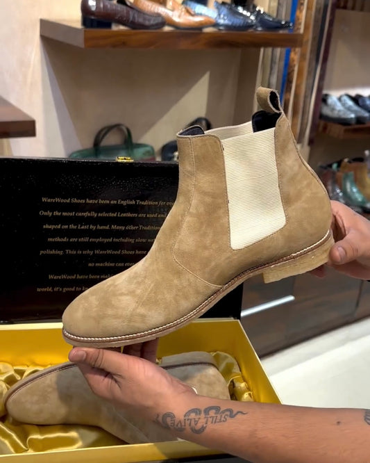 Natural Brushed Italian Beige Suede Chelsea Boots with Wood Sole