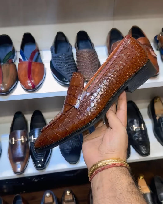 Tan Crocodile Scaled Penny Loafers on Italian Crust Leather