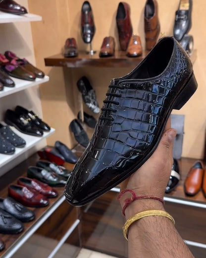 Black Patent Croco Whole-cut Oxfords