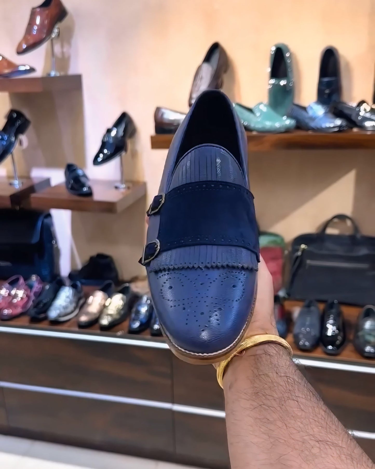 Blue Calf Leather Fringe Monk Strap Loafers with Wood Sole