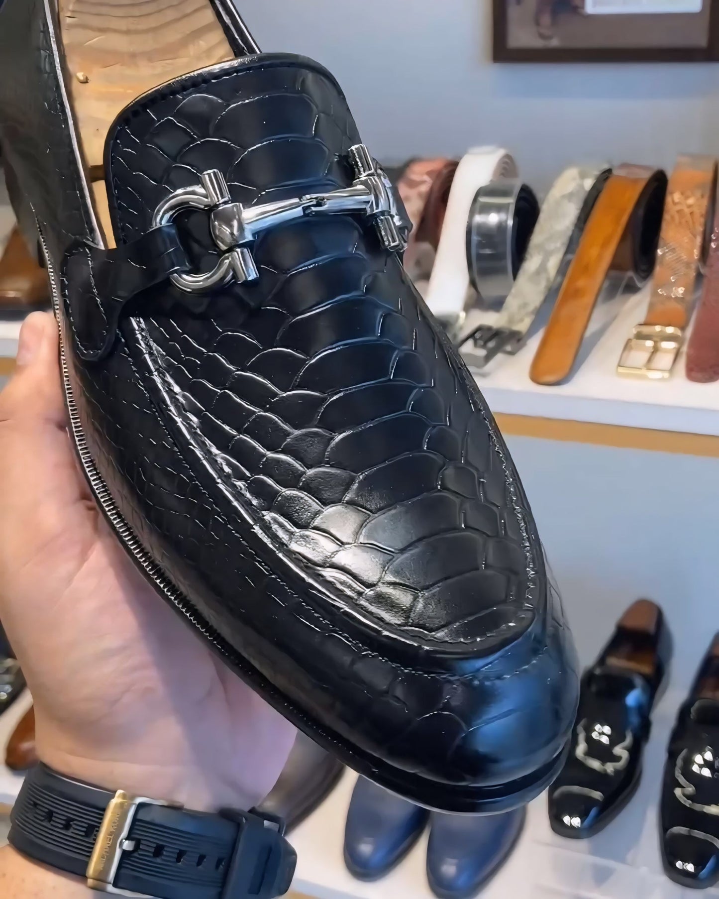 Charcoal Black Cobra Scaled Loafers