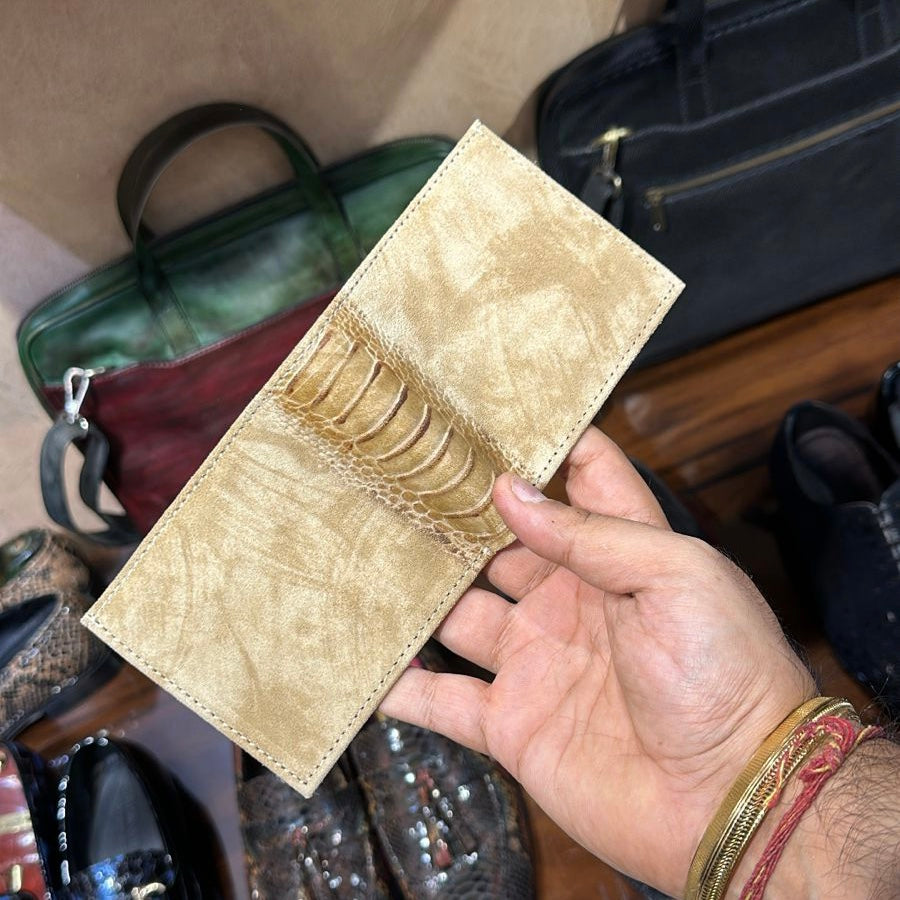 Beige Suede & Ostrich Leg Scaled Wallet