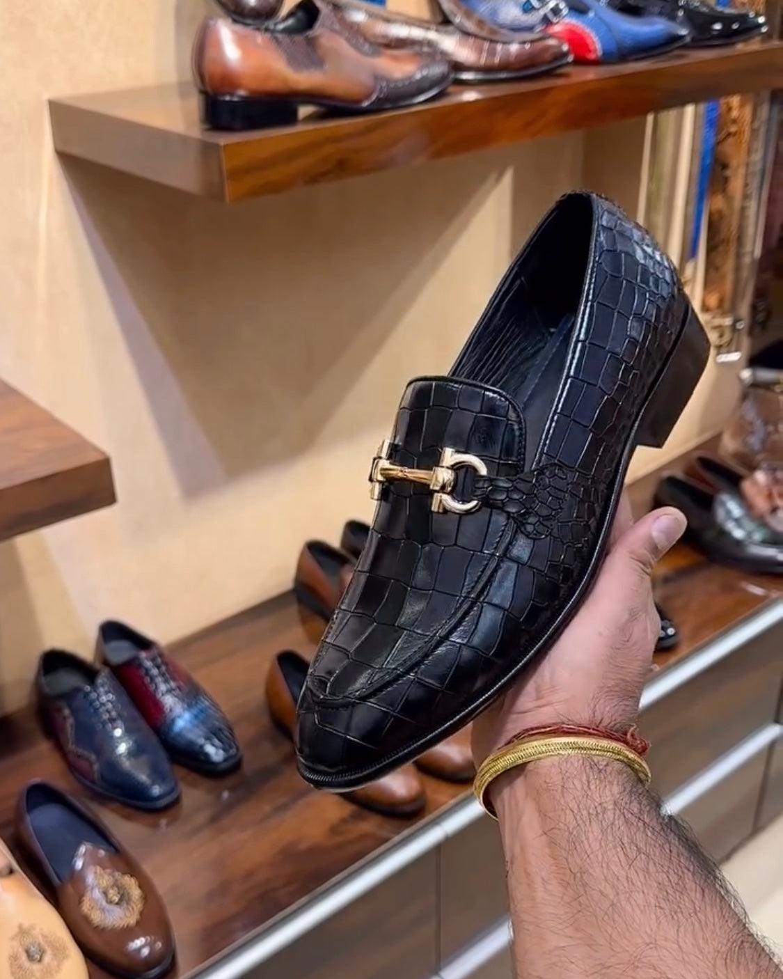 Italian Calf Croco Moccasins with Gold Buckle